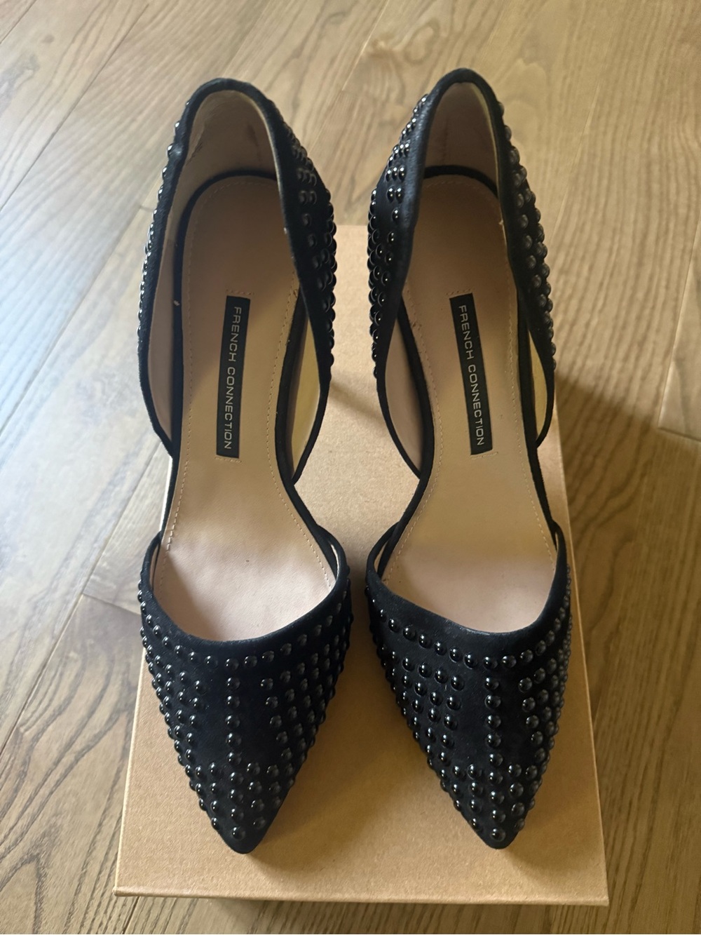 French Connection Black Studded Pointed-Toe D'Orsay Heels